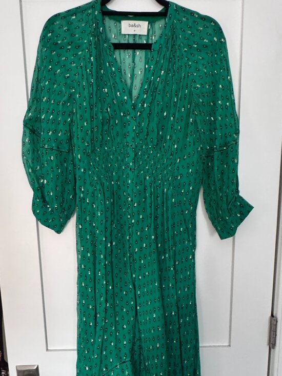 ba&sh Dresses & Skirts - ba&sh Cyana Metallic Dot Smocked Midi Dress - Green, Like New